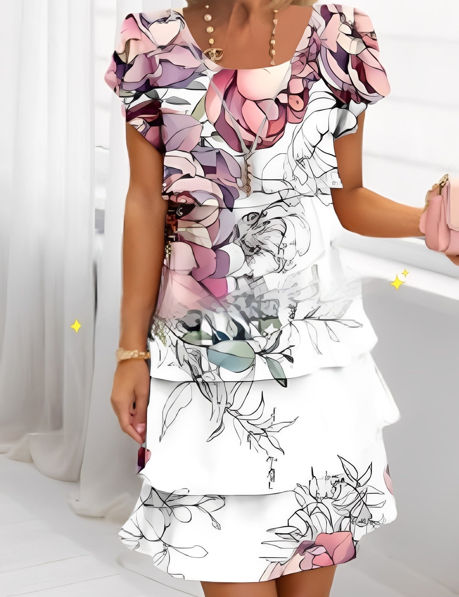 Abiti Cerimonia Donna Elegante con Volant e Maniche Corte per Occasioni Speciali 0