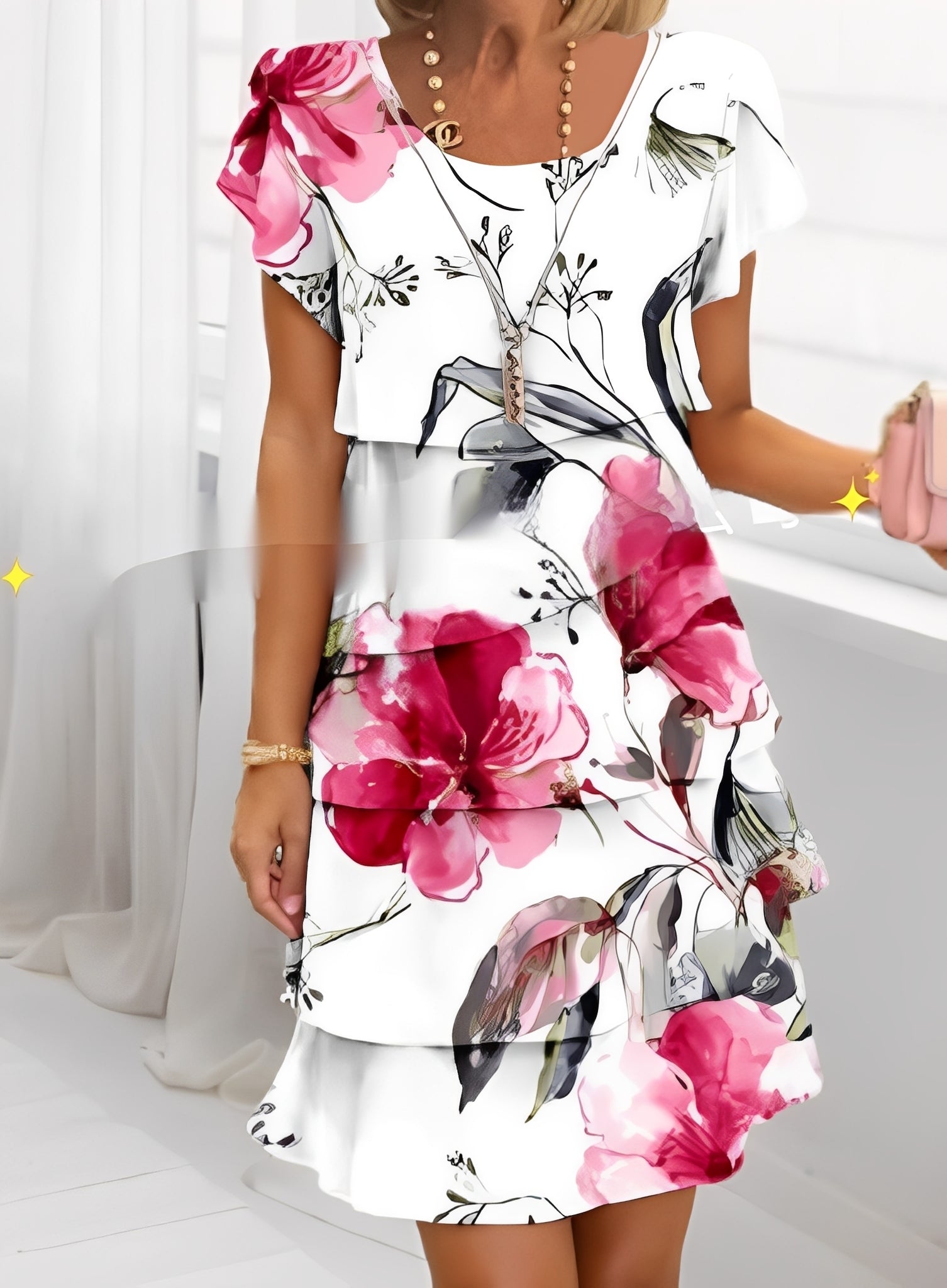 Abiti Cerimonia Donna Elegante con Volant e Maniche Corte per Occasioni Speciali 2