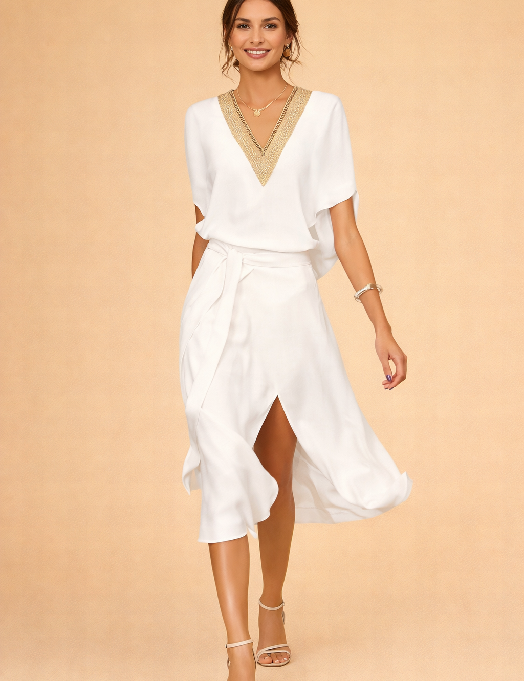 Abito Cerimonia Donna Elegante Midi Scollo a V Bianco Moderno, Vestiti Eleganti per Occasioni Speciali 0