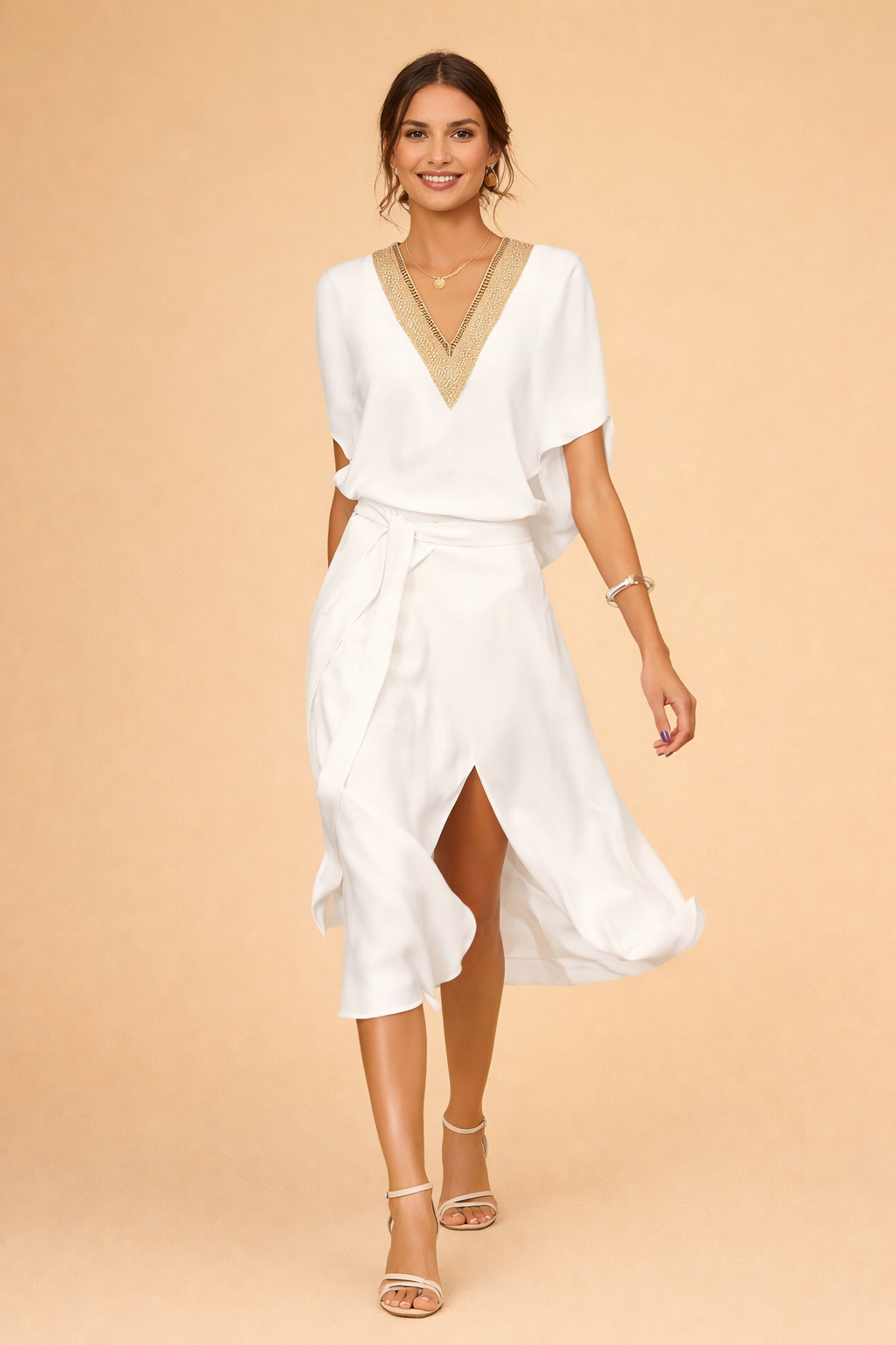 Abito Cerimonia Donna Elegante Midi Scollo a V Bianco Moderno, Vestiti Eleganti per Occasioni Speciali 0