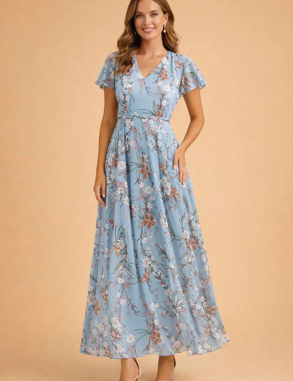 Abito Cerimonia Donna Midi Floreale Elegante Slim per Eventi Estivi e Feste 1