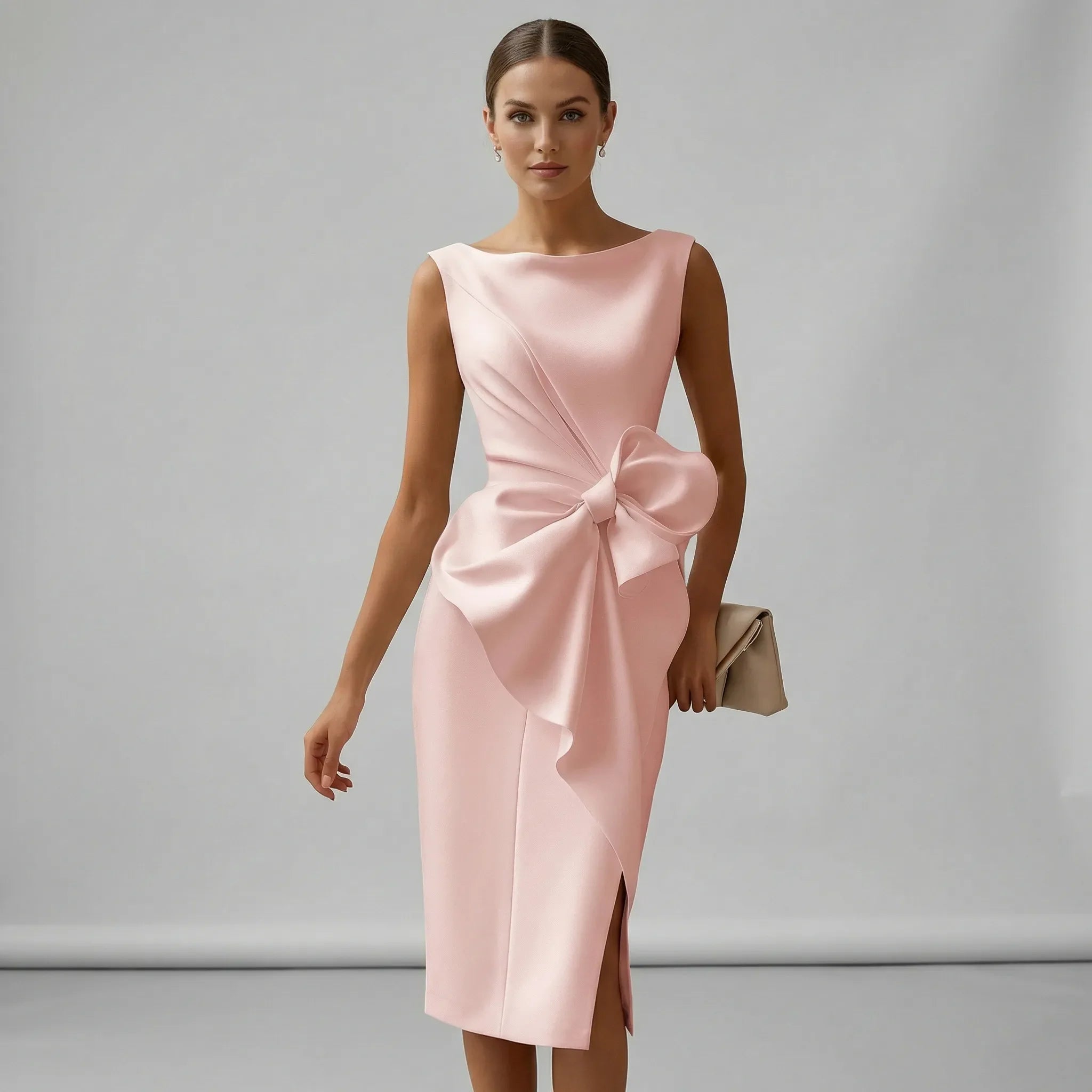 Abito Da Cocktail Donna Midi Elegante Senza Maniche Con Fiocco Per Matrimoni E Feste 0