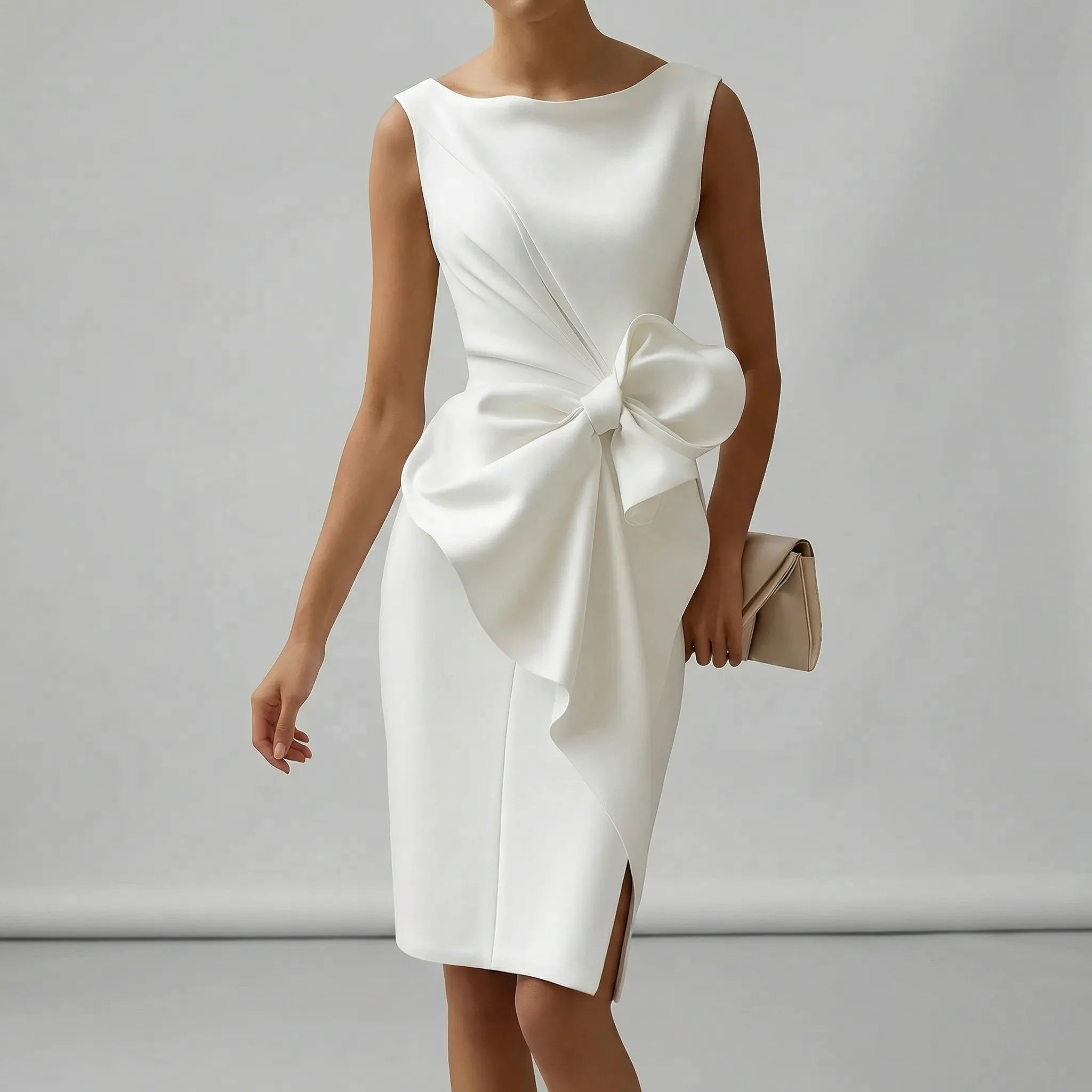 Abito Da Cocktail Donna Midi Elegante Senza Maniche Con Fiocco Per Matrimoni E Feste 4