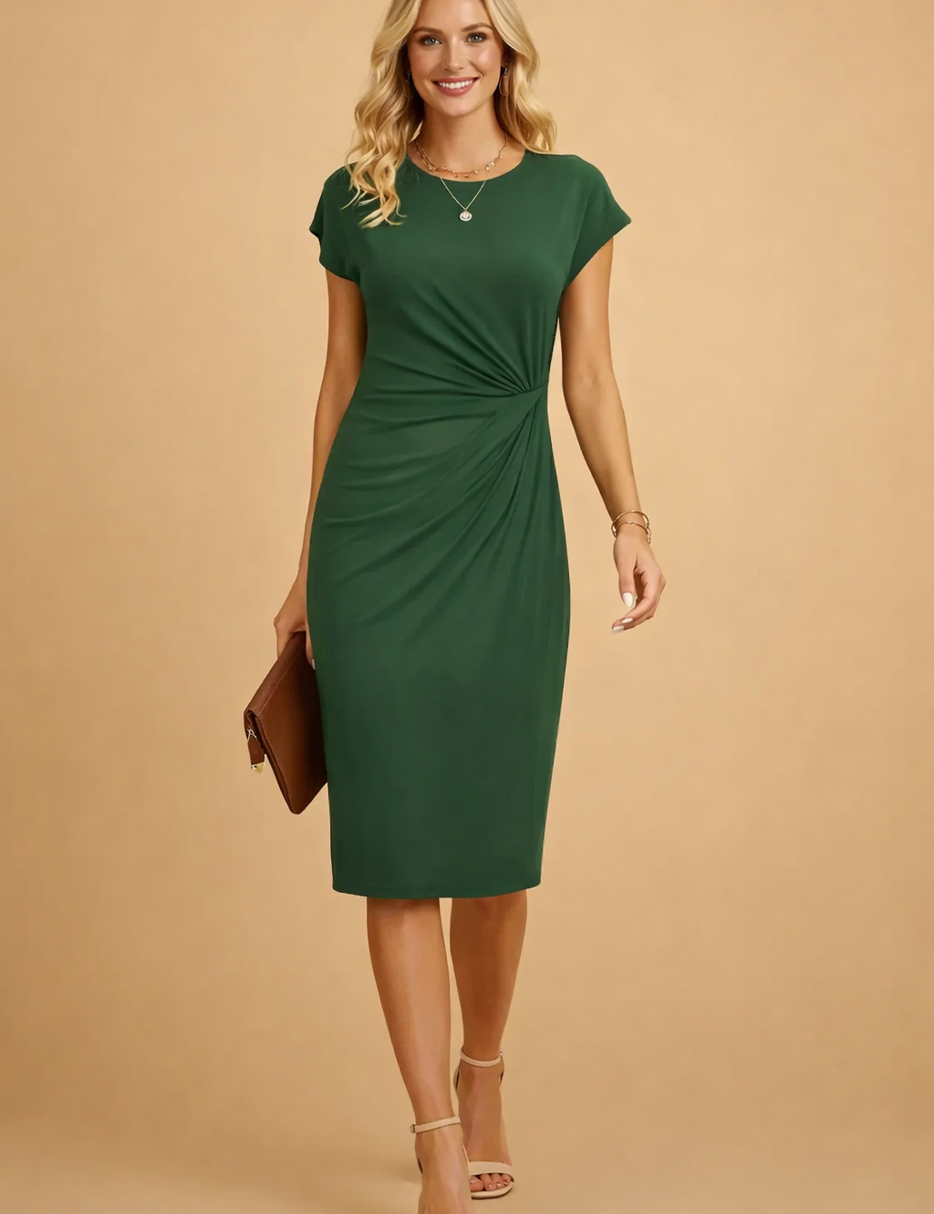 Abito Donna Elegante Midi con Nodo Frontale, Scollo a O - Vestiti Cerimonia e Abbigliamento Donna Fashion 4