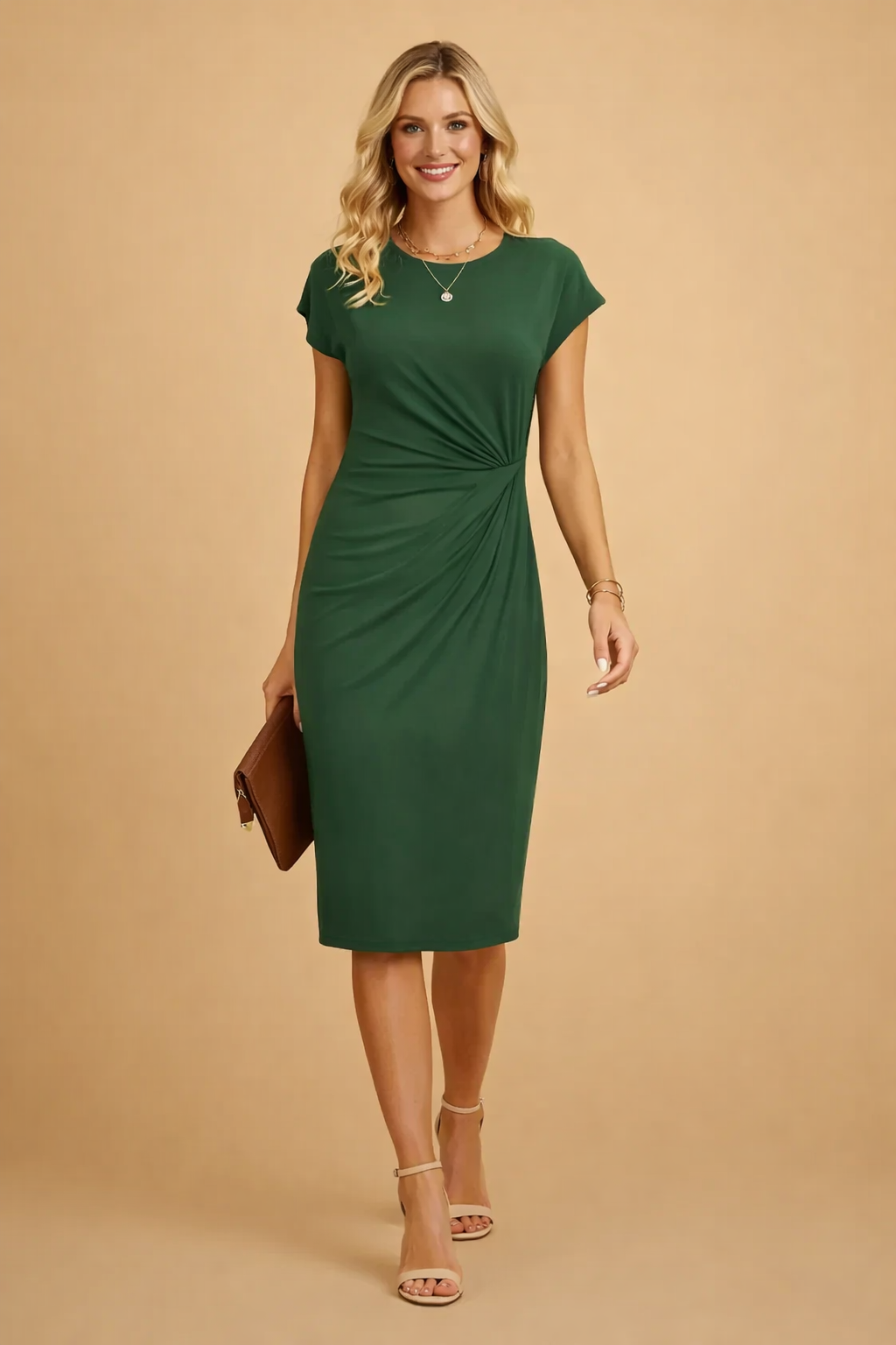 Abito Donna Elegante Midi con Nodo Frontale, Scollo a O - Vestiti Cerimonia e Abbigliamento Donna Fashion 4