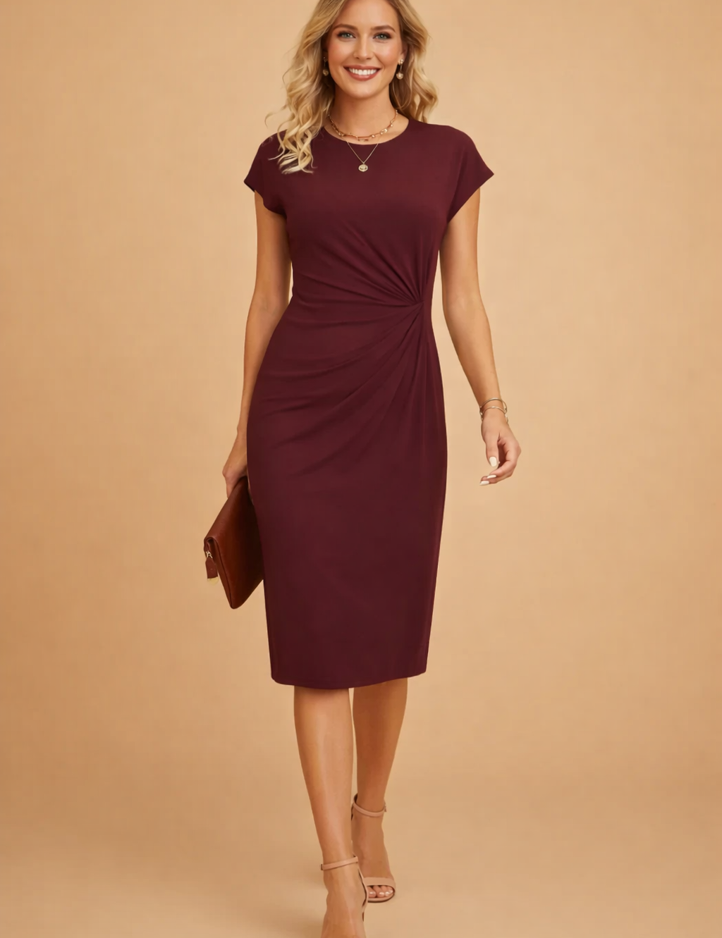 Abito Donna Elegante Midi con Nodo Frontale, Scollo a O - Vestiti Cerimonia e Abbigliamento Donna Fashion 7