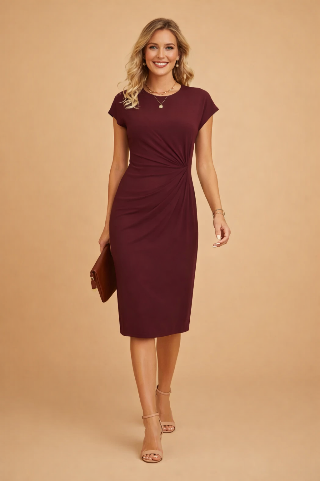 Abito Donna Elegante Midi con Nodo Frontale, Scollo a O - Vestiti Cerimonia e Abbigliamento Donna Fashion 7