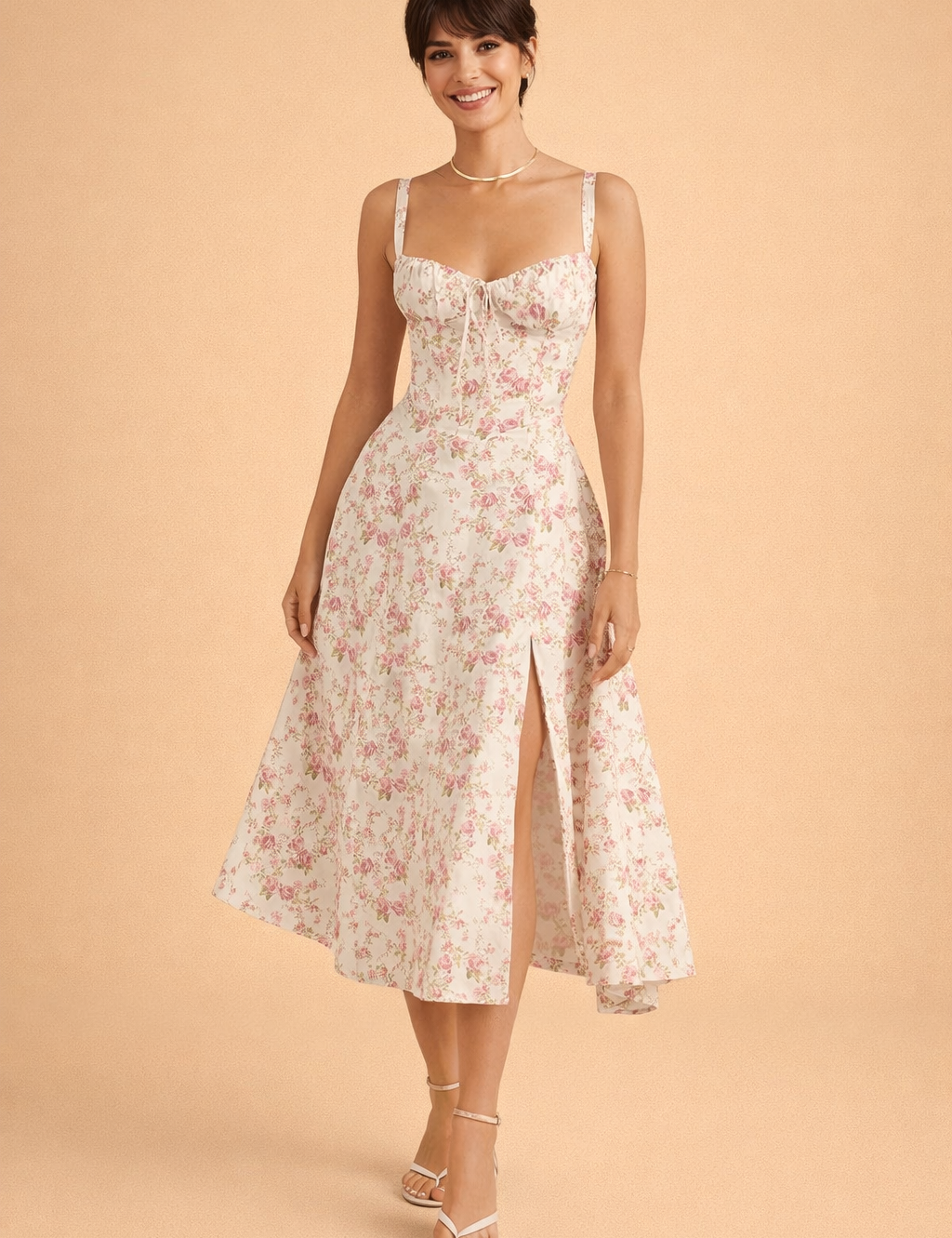 Abito Elegante Donna Vita Regolabile con Scollo a Cuore e Fiocco 2