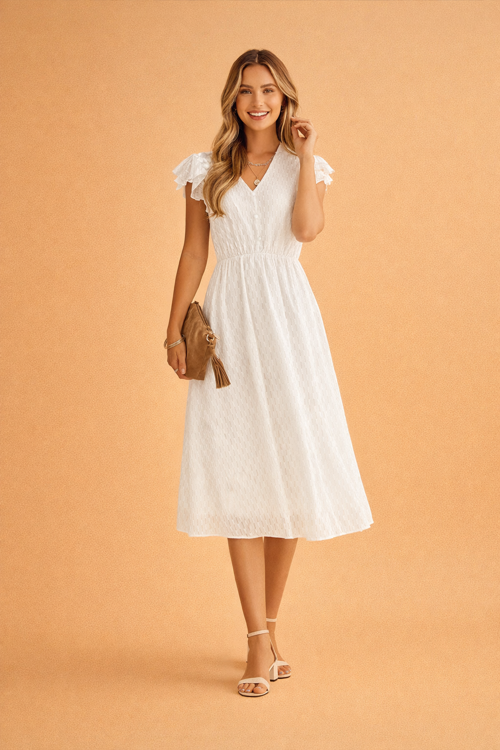 Abito Elegante Estivo Donna Midi Scollo a V Maniche Volant 0