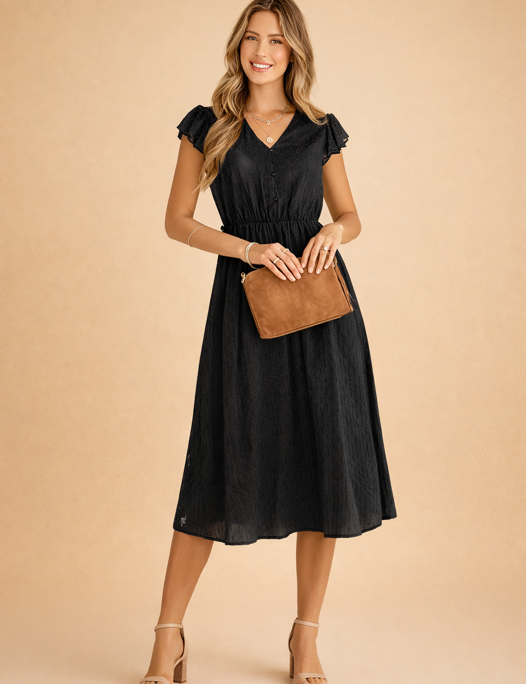 Abito Elegante Estivo Donna Midi Scollo a V Maniche Volant 2