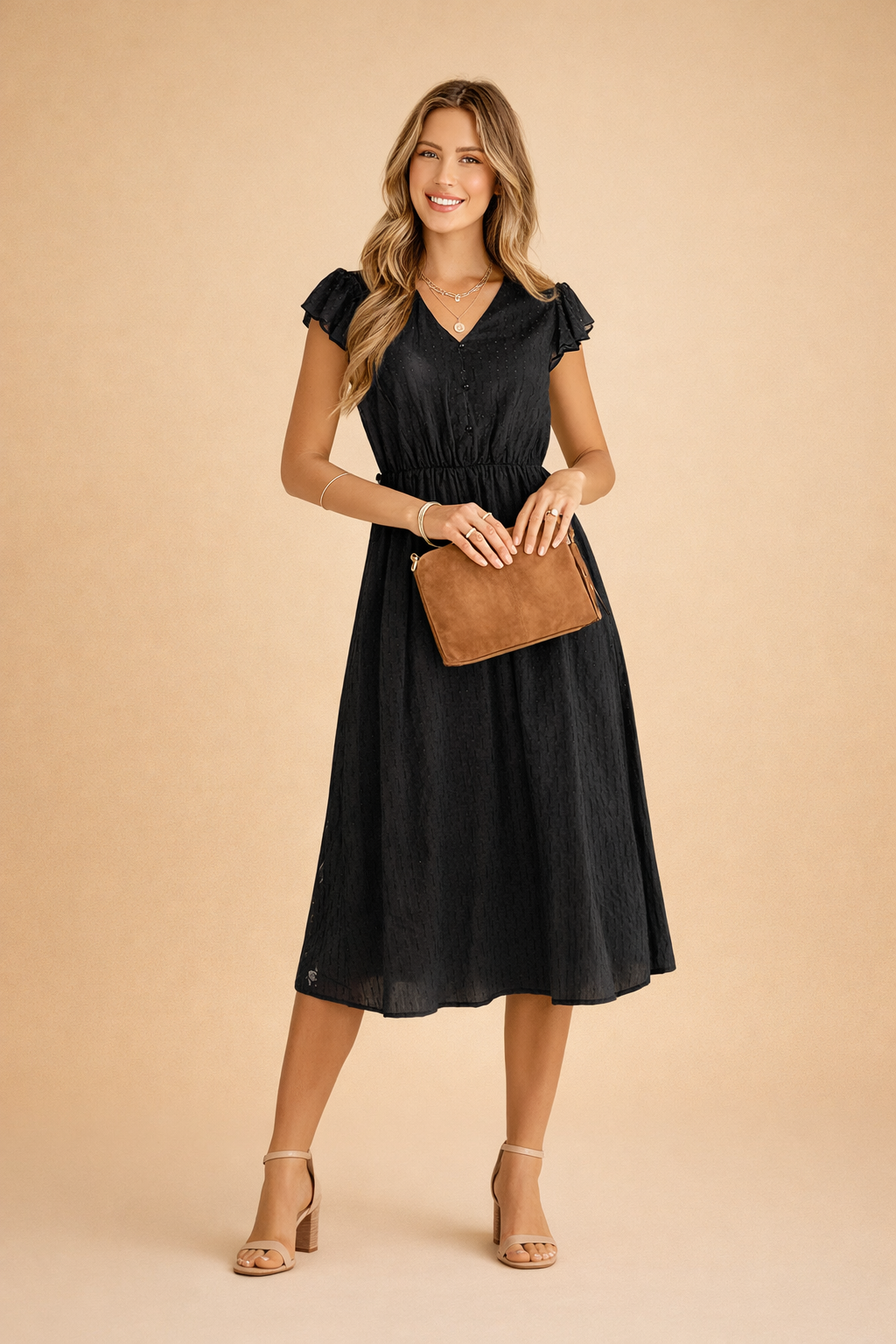 Abito Elegante Estivo Donna Midi Scollo a V Maniche Volant 2