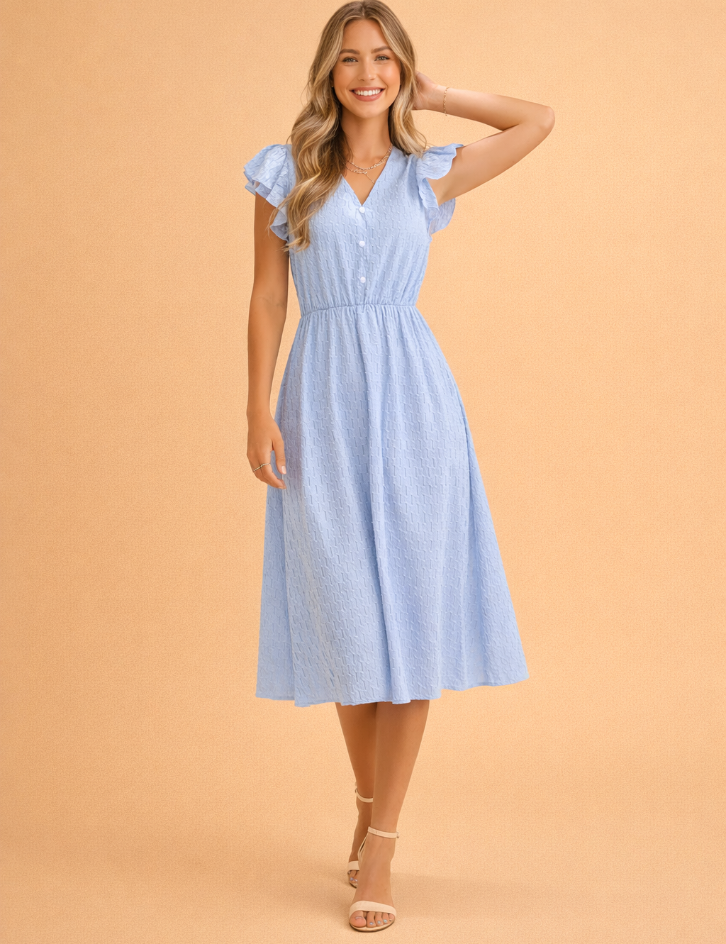 Abito Elegante Estivo Donna Midi Scollo a V Maniche Volant 3