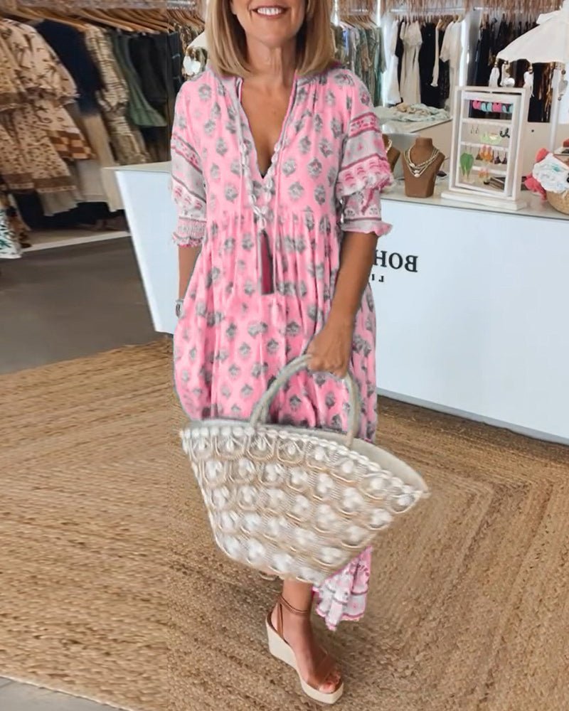 Abito Floreale Elegante Donna con Scollo a V - Vestito Cerimonia Estivo per Occasioni Speciali 2