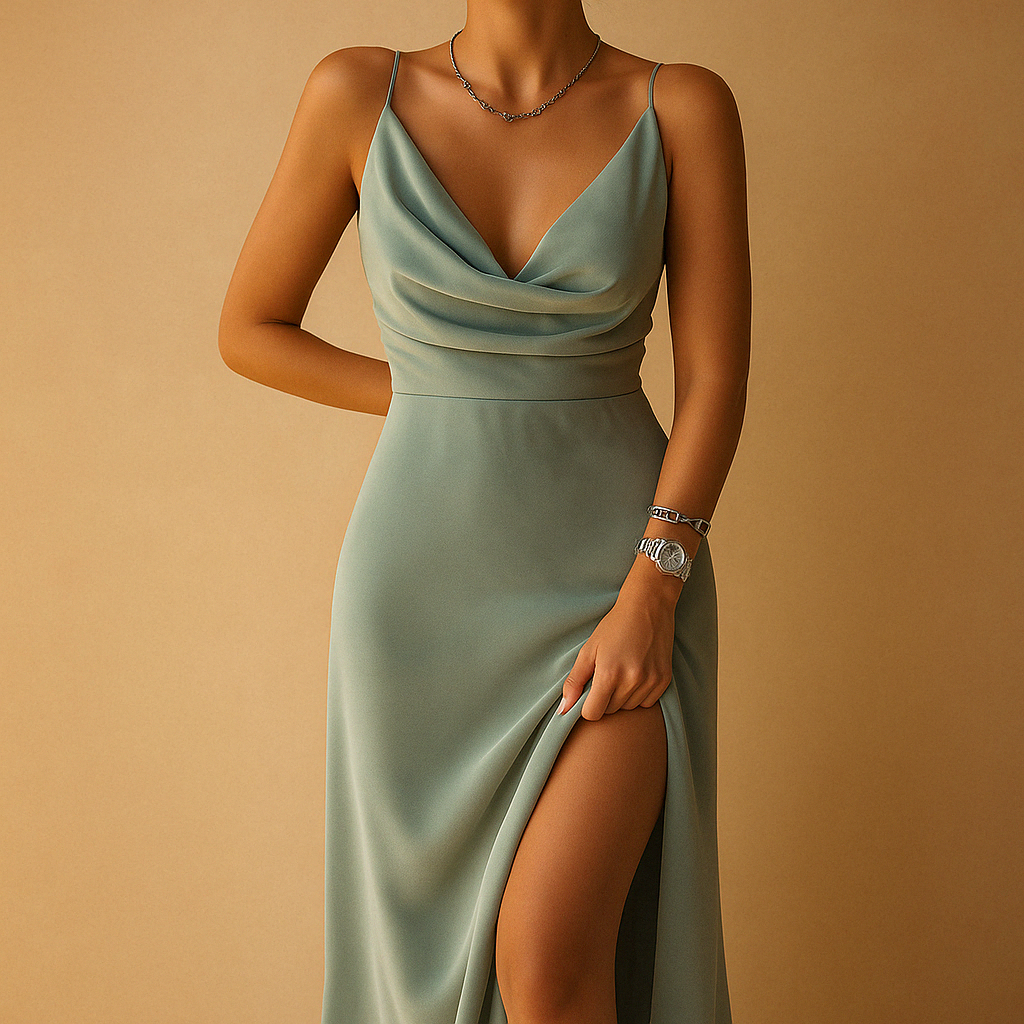 Abito Lungo Cerimonia Elegante Donna Scollo a V Maxi Estivo per Eventi Speciali 0