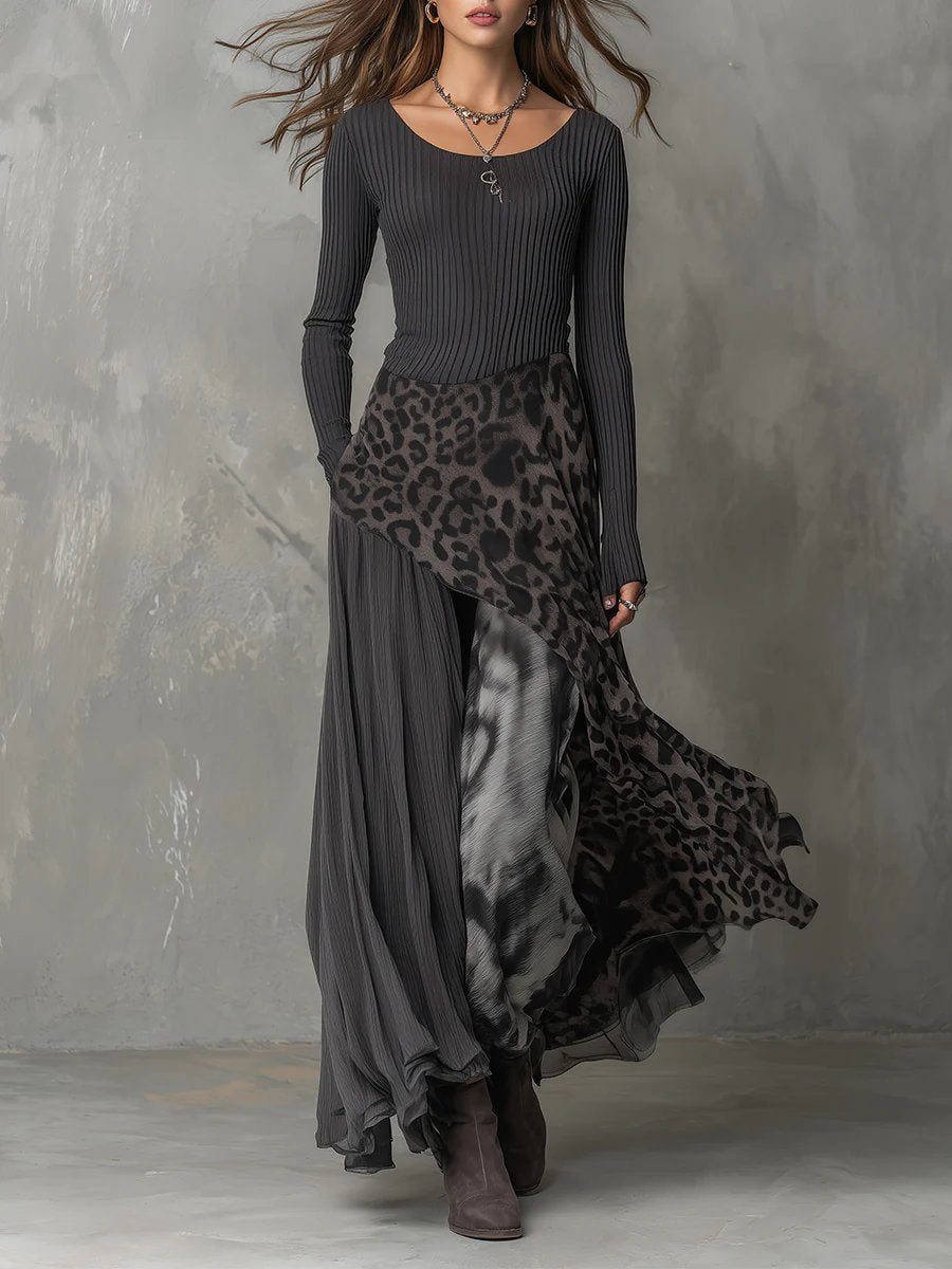 Abito Lungo Donna Maniche Lunghe Maglia a Coste Stampa Leopardata Orlo Irregolare Boho 0