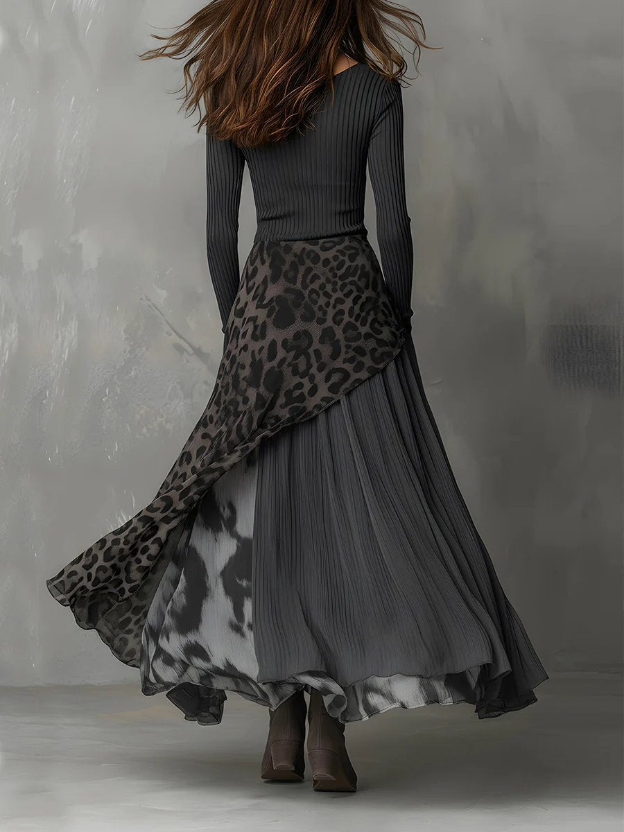 Abito Lungo Donna Maniche Lunghe Maglia a Coste Stampa Leopardata Orlo Irregolare Boho 1