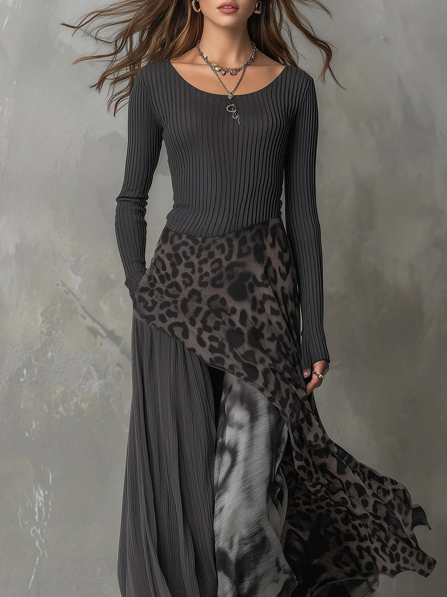 Abito Lungo Donna Maniche Lunghe Maglia a Coste Stampa Leopardata Orlo Irregolare Boho 2