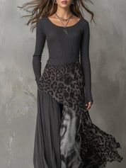Abito Lungo Donna Maniche Lunghe Maglia a Coste Stampa Leopardata Orlo Irregolare Boho 2