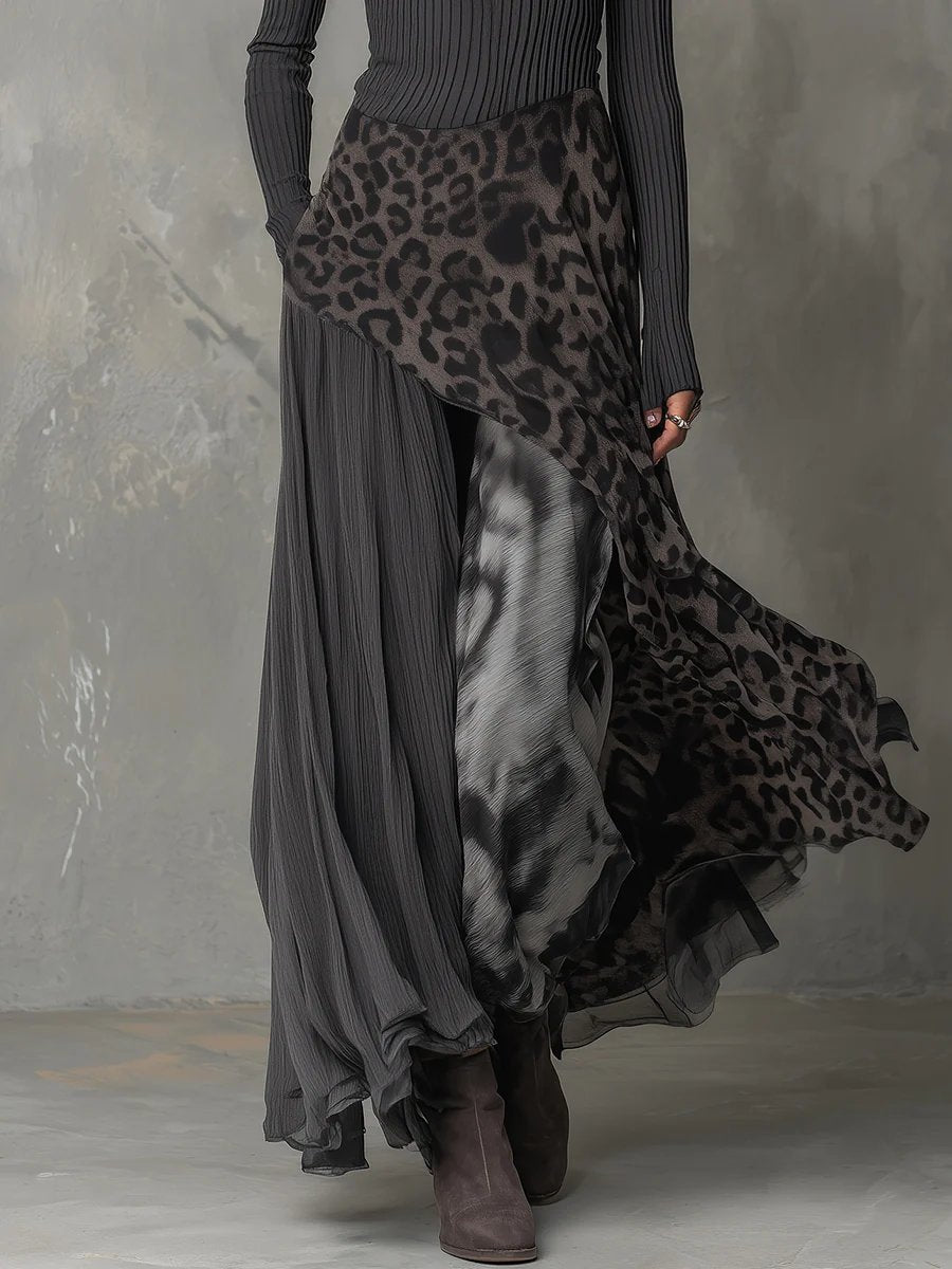 Abito Lungo Donna Maniche Lunghe Maglia a Coste Stampa Leopardata Orlo Irregolare Boho 3