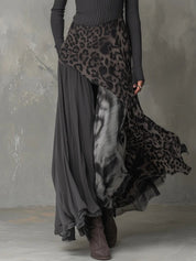 Abito Lungo Donna Maniche Lunghe Maglia a Coste Stampa Leopardata Orlo Irregolare Boho 3