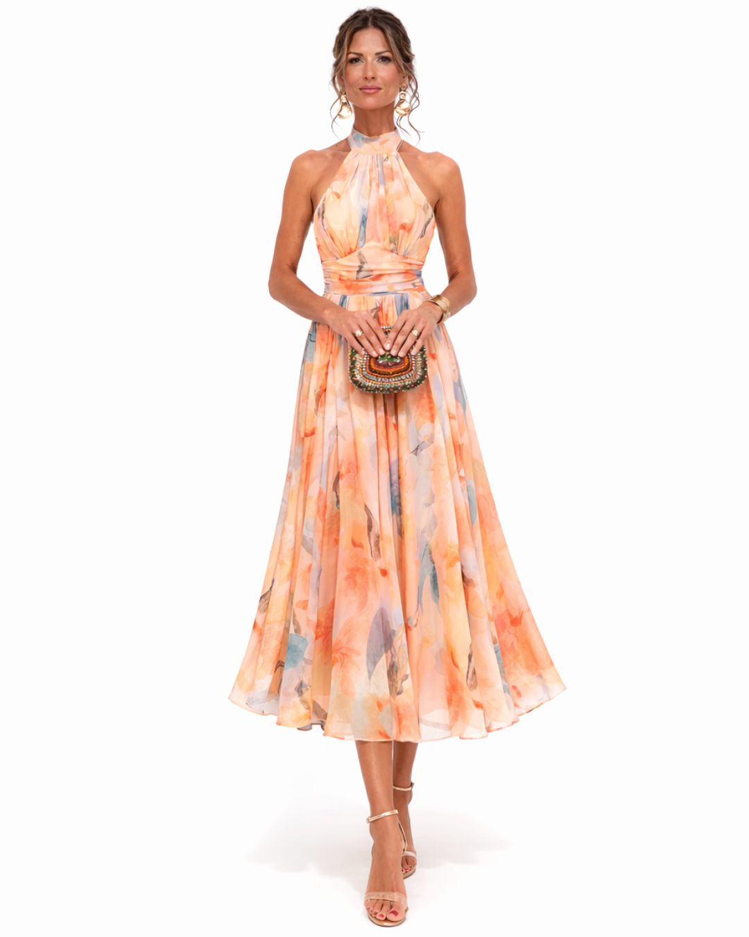 Abito Maxi Estivo Donna con Scollo all'Americana e Stampa Acquerello Elegante 0