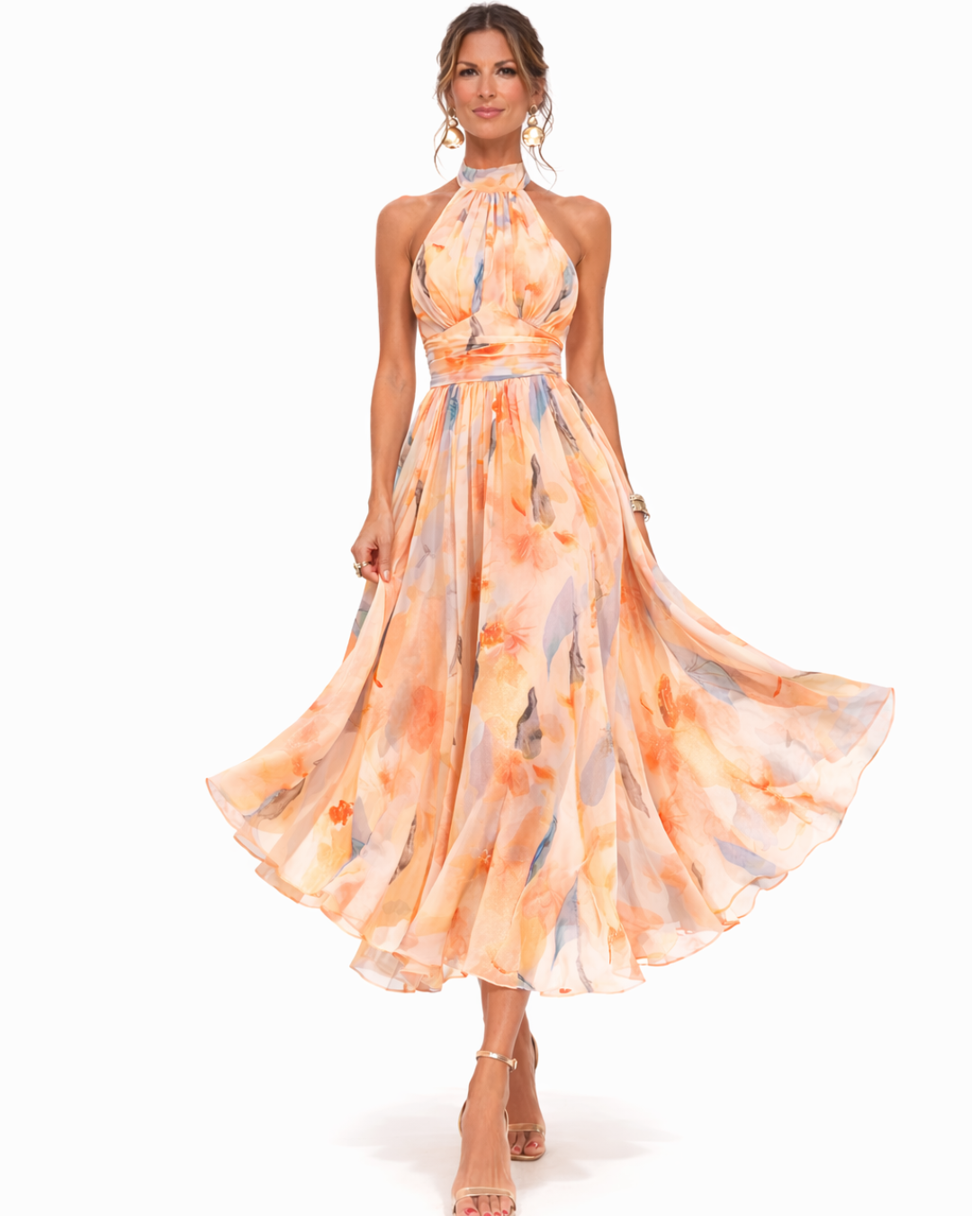 Abito Maxi Estivo Donna con Scollo all'Americana e Stampa Acquerello Elegante 1