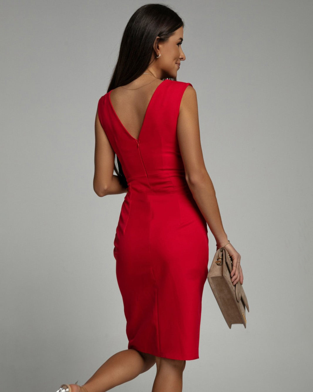 Abito Midi Elegante Donna con Vita Definita e Spacco Strategico 1