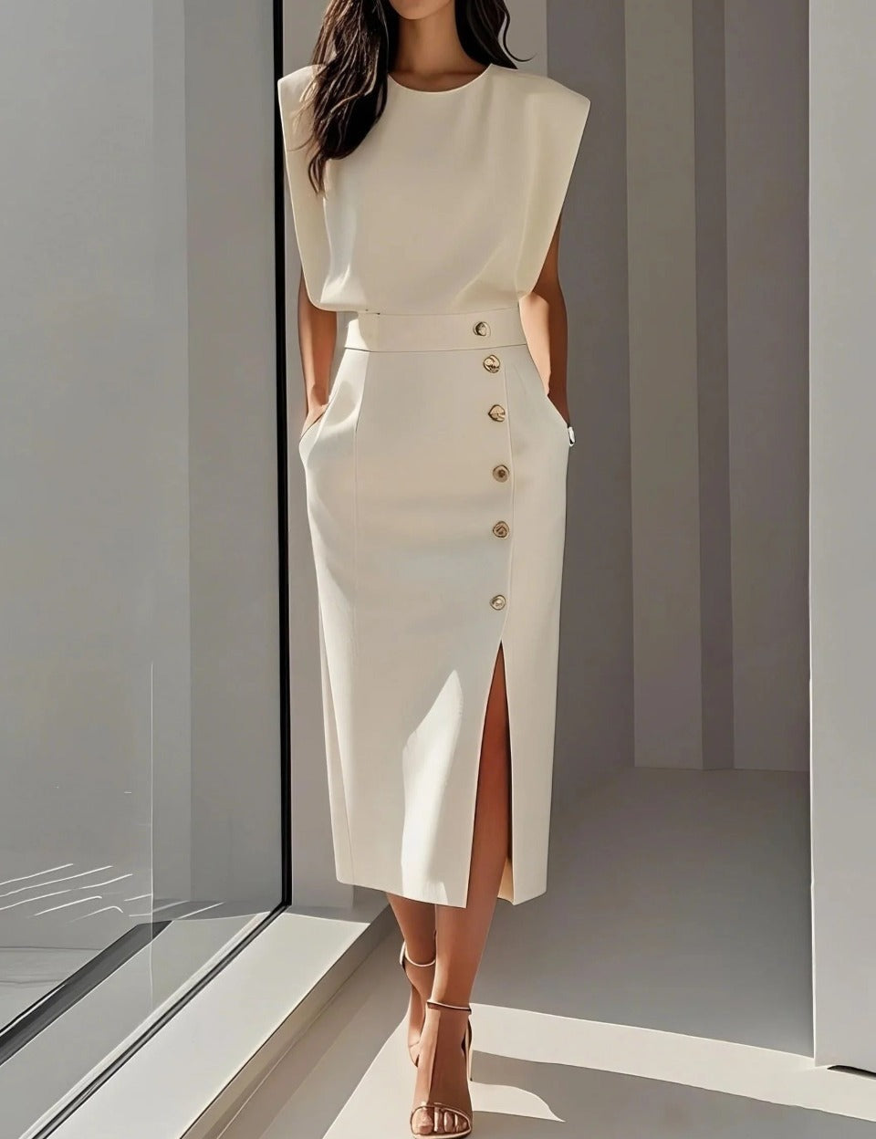 Abito Midi Elegante con Scollo Rotondo e Spacco per Occasioni Versatili 0