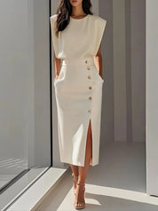 Abito Midi Elegante con Scollo Rotondo e Spacco per Occasioni Versatili 0
