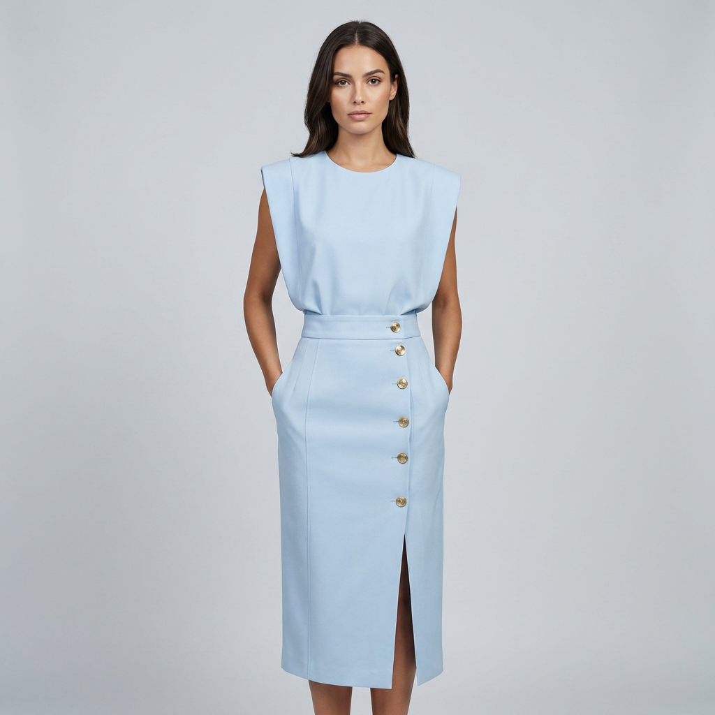 Abito Midi Elegante con Scollo Rotondo e Spacco per Occasioni Versatili 1