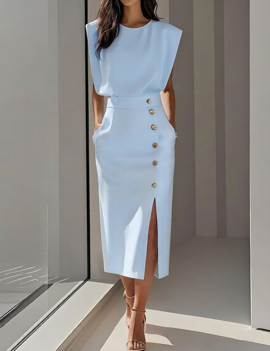 Abito Midi Elegante con Scollo Rotondo e Spacco per Occasioni Versatili 3