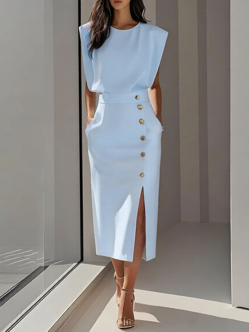 Abito Midi Elegante con Scollo Rotondo e Spacco per Occasioni Versatili 3
