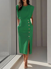 Abito Midi Elegante con Scollo Rotondo e Spacco per Occasioni Versatili 4