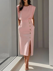 Abito Midi Elegante con Scollo Rotondo e Spacco per Occasioni Versatili 5
