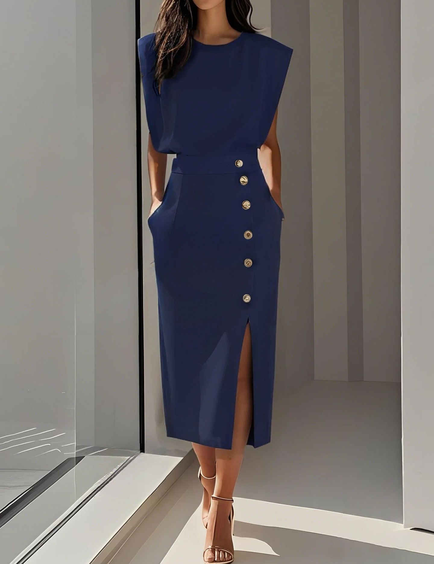 Abito Midi Elegante con Scollo Rotondo e Spacco per Occasioni Versatili 6
