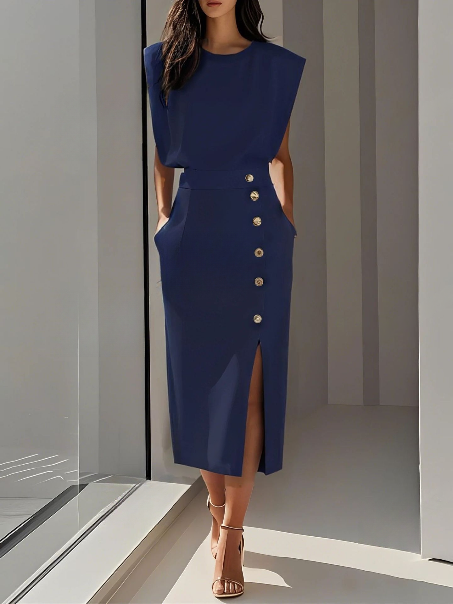 Abito Midi Elegante con Scollo Rotondo e Spacco per Occasioni Versatili 6