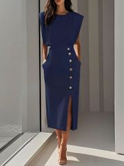 Abito Midi Elegante con Scollo Rotondo e Spacco per Occasioni Versatili 6