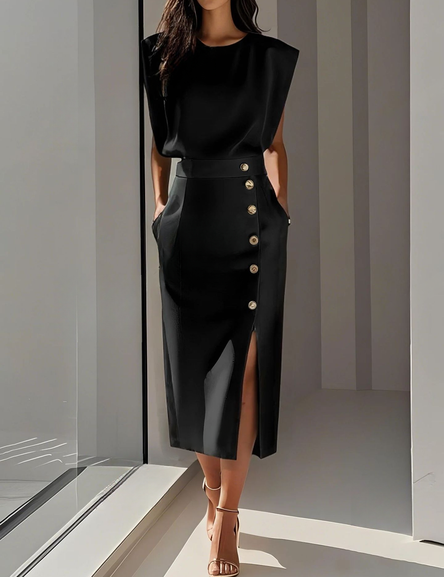 Abito Midi Elegante con Scollo Rotondo e Spacco per Occasioni Versatili 7