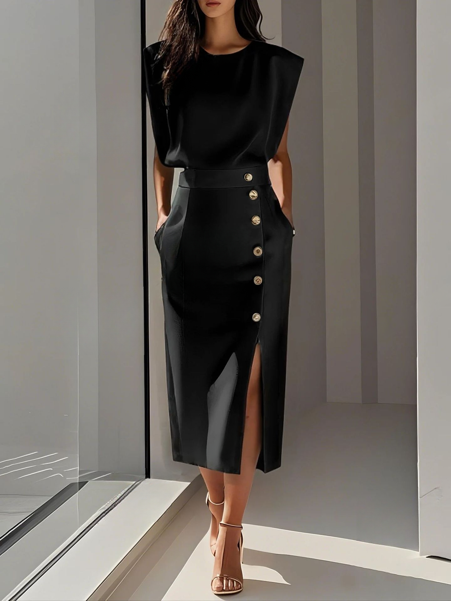 Abito Midi Elegante con Scollo Rotondo e Spacco per Occasioni Versatili 7