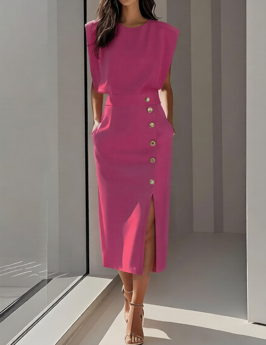 Abito Midi Elegante con Scollo Rotondo e Spacco per Occasioni Versatili 8
