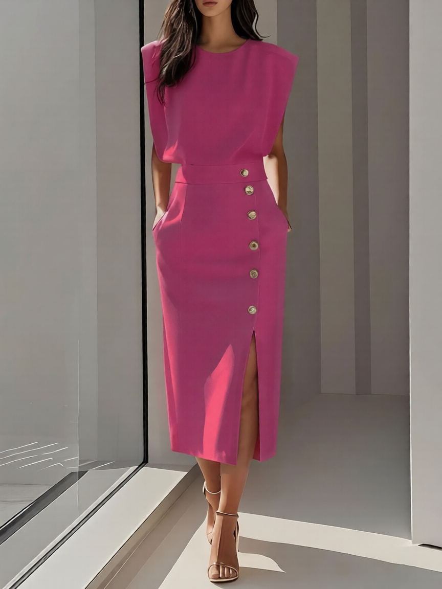 Abito Midi Elegante con Scollo Rotondo e Spacco per Occasioni Versatili 8