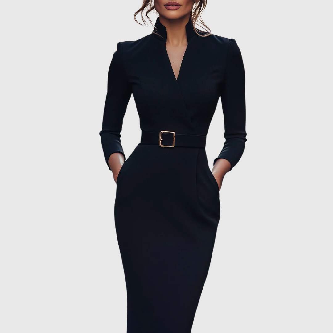 Abito Midi Elegante con Scollo a Portafoglio e Maniche a Tre Quarti 1