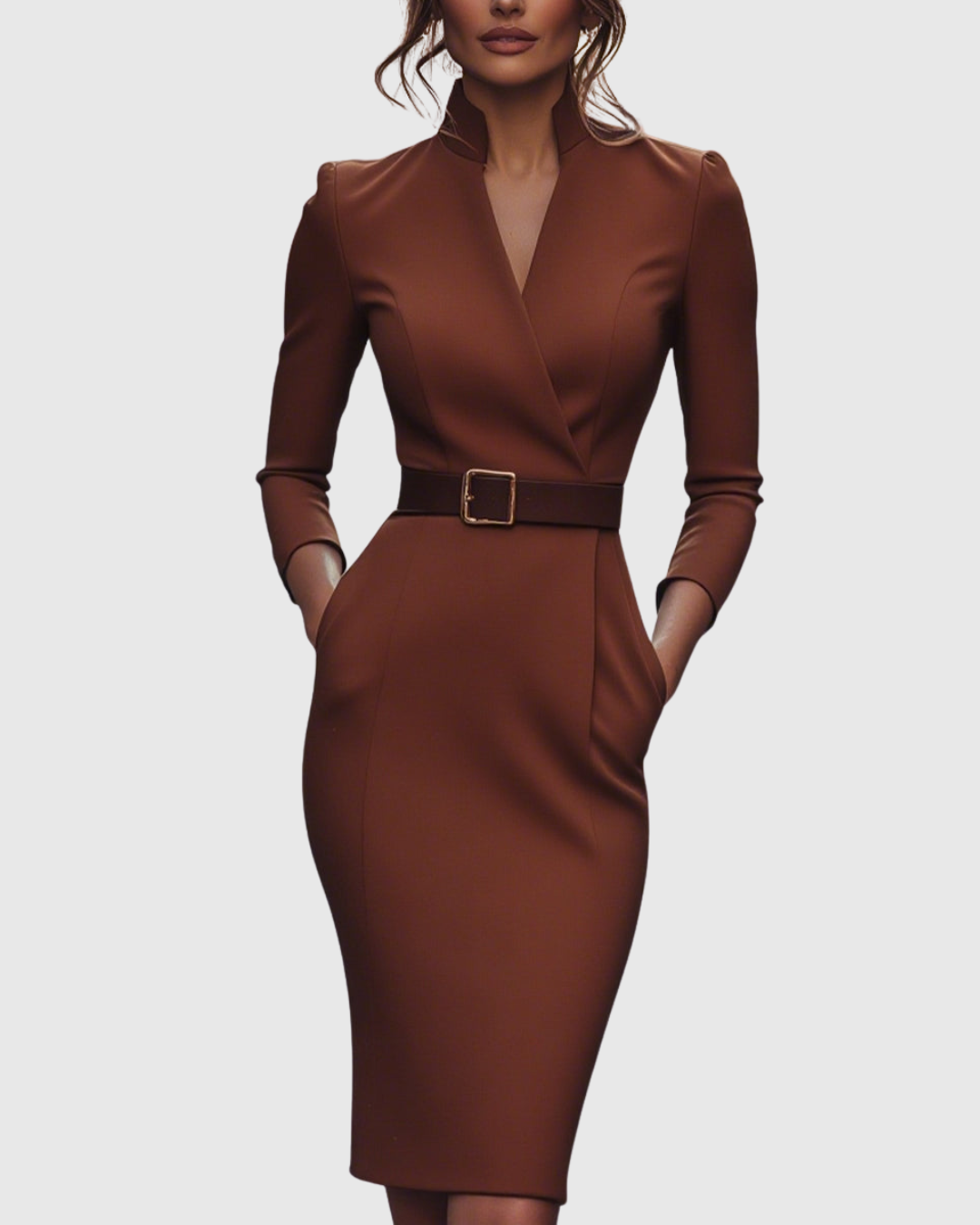 Abito Midi Elegante con Scollo a Portafoglio e Maniche a Tre Quarti 12