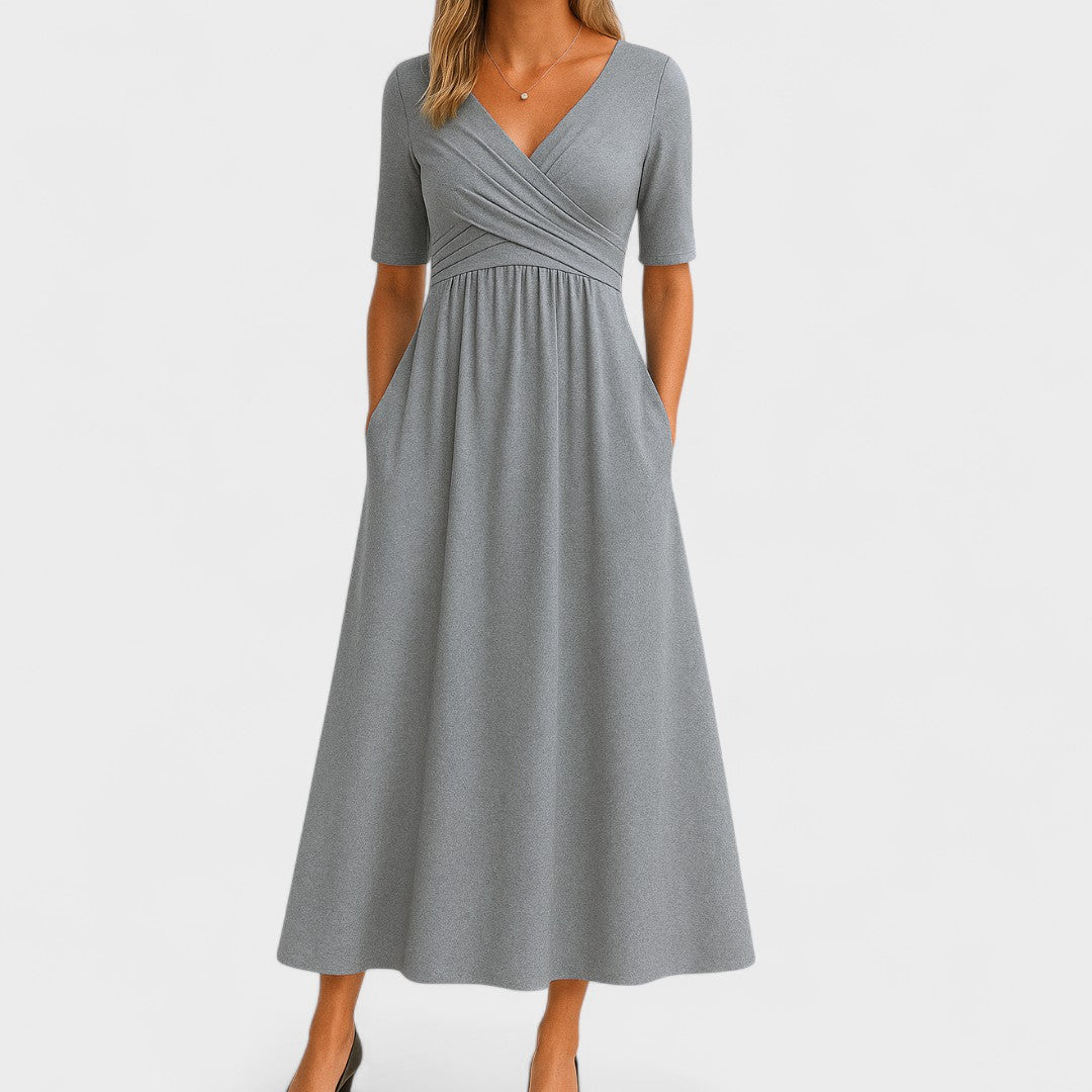 Abito Midi Elegante da Donna con Scollo a V e Maniche a Gomito 0