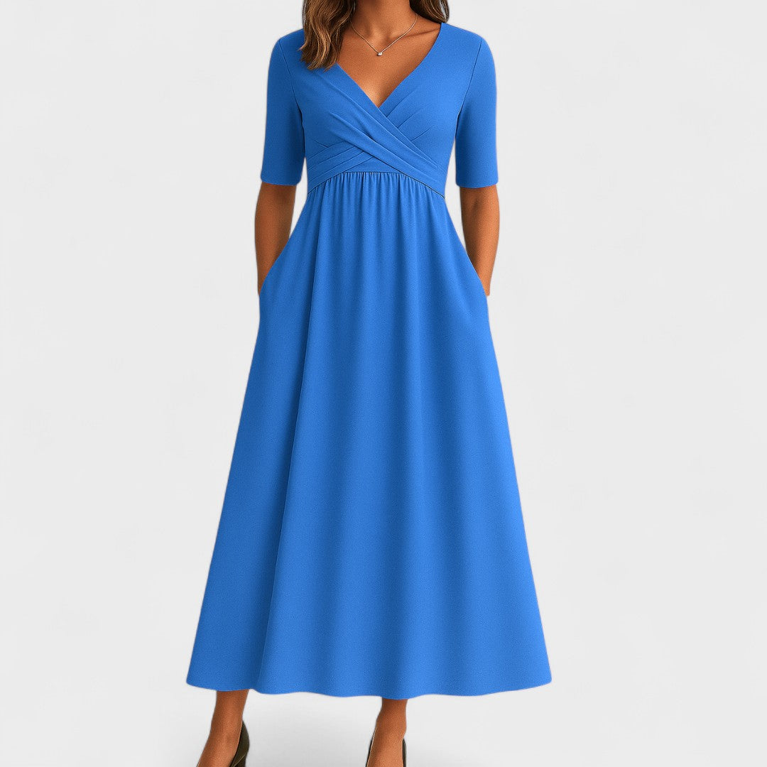 Abito Midi Elegante da Donna con Scollo a V e Maniche a Gomito 3