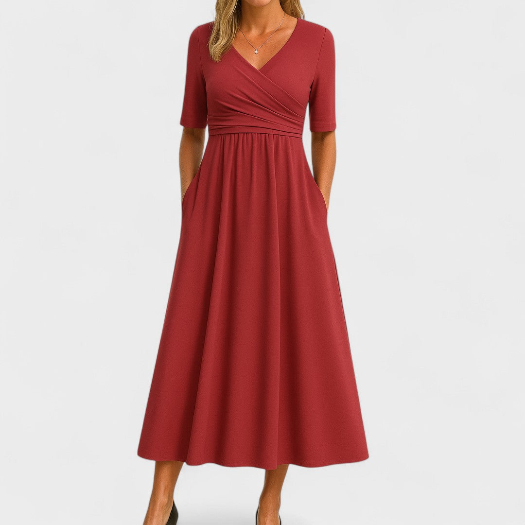 Abito Midi Elegante da Donna con Scollo a V e Maniche a Gomito 5