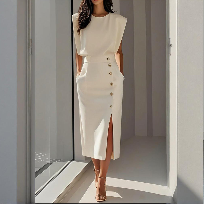 Abito Midi Elegante da Donna con Spacco e Bottoni Laterali 0