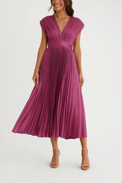 Abito Plissé Midi Elegante con Scollo a V e Vita Sottolineata 0