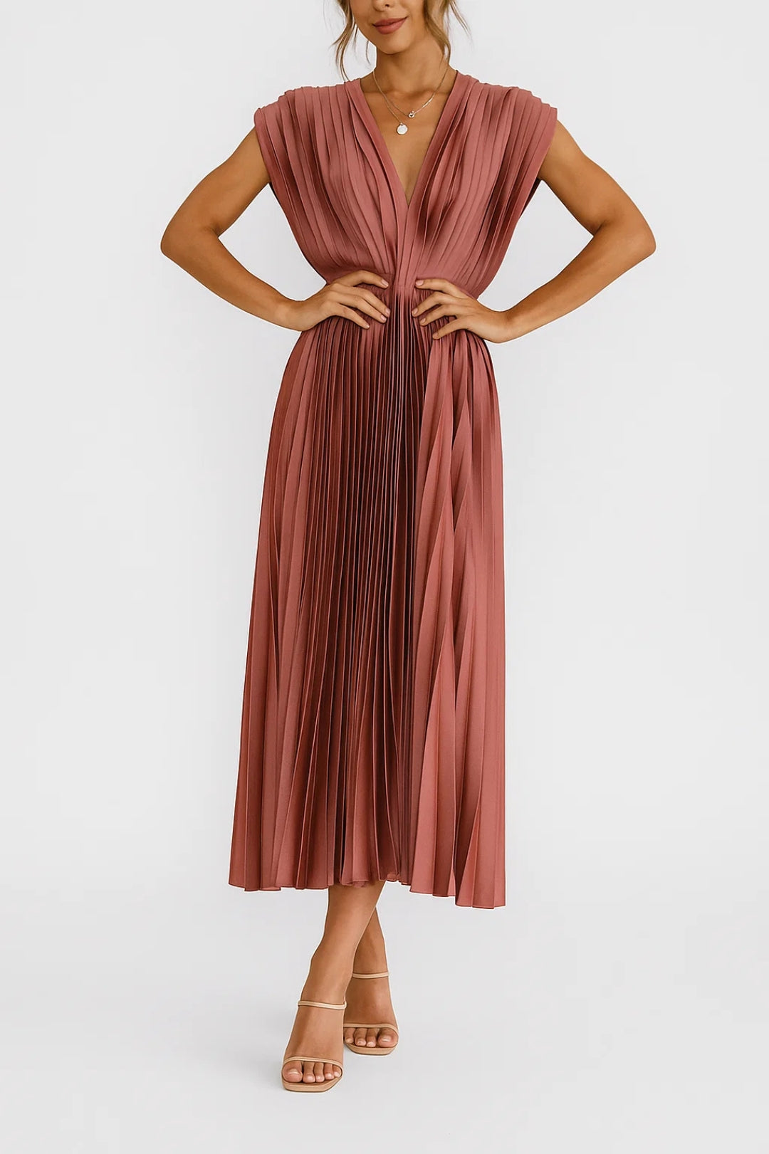 Abito Plissé Midi Elegante con Scollo a V e Vita Sottolineata 3