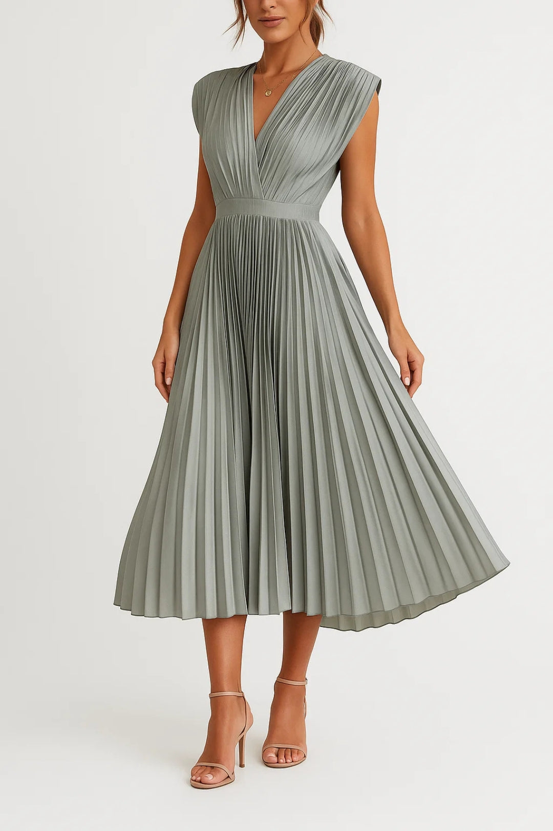Abito Plissé Midi Elegante con Scollo a V e Vita Sottolineata 5